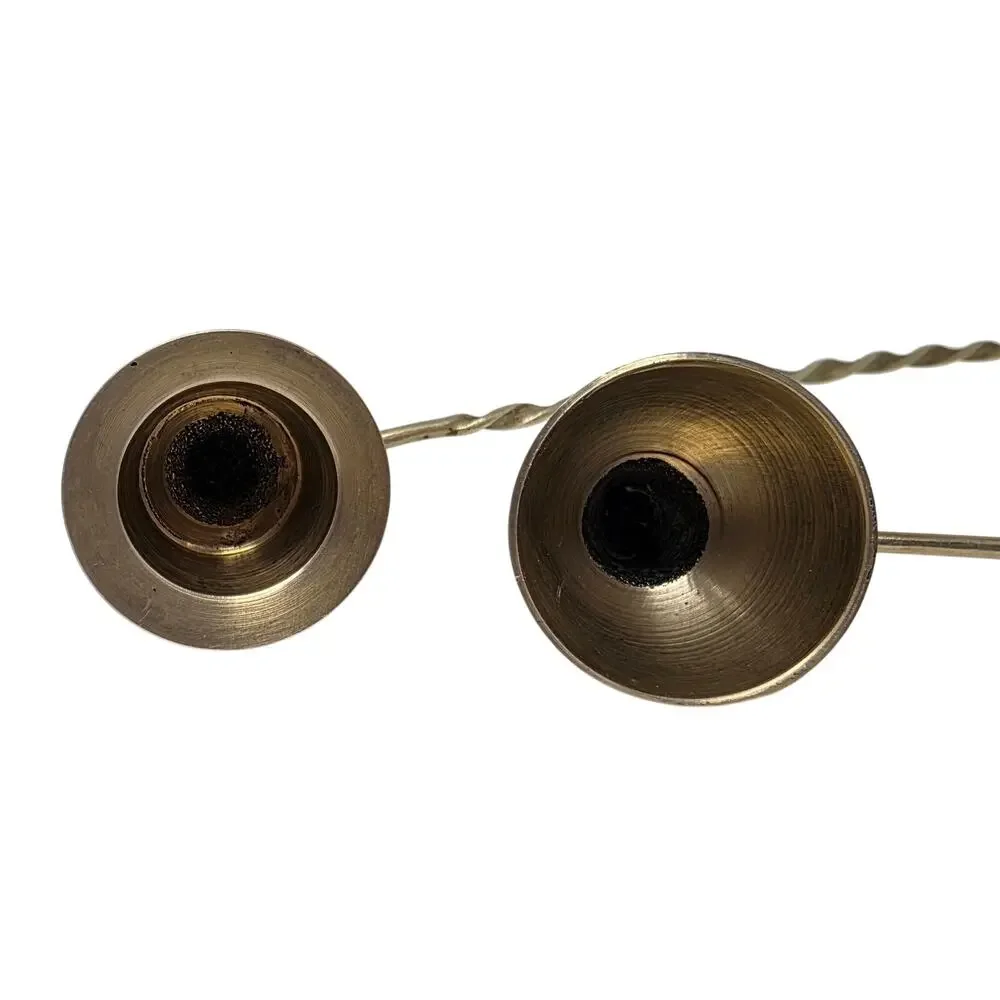 Vintage Brass Candle Snuffer Set Mismatched Pair Twisted Handles Bell Finial